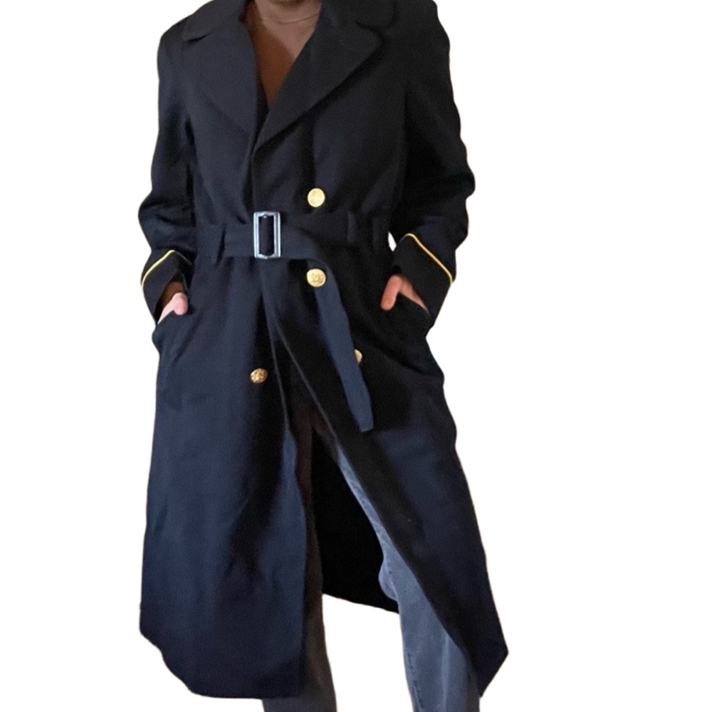Vintage navy military peacoat wool trench coat belted good buttons nautical